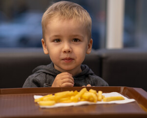 The boy is eating french fries. Smiling child, blond, eats breakfast.