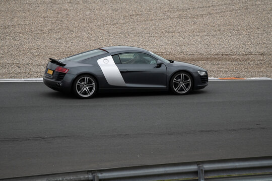 Zandvoort, The Netherlands - October 27 2021; Black and grey Audi R8 riding on the circuit of Zandvoort in the Netherlands