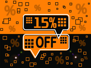 15% special offer. Banner com super desconto 15% in black and orange.