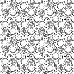 Seamless orange pattern. Black and white orange background. Doodle vector illustration with fruits