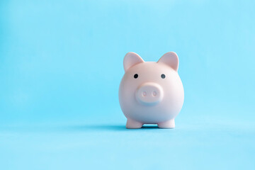 concept of preserving and saving money. Pink piggy bank on a blue background