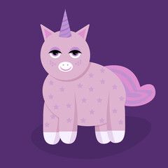 Lilac cute unicorn with a holiday hat on his head at a party, festive unicorn, children birthday, flat vector illustration. Stars on the animal's body. Doodle, party concept, magic.