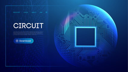 Electronic circuit board in sphere shield. Blue technology network vector illustration with hexagon wave. Network connection background.