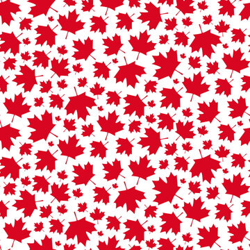 Seamless pattern background with maple leaf icon from National flag of Canada. Vector backdrop patriotic design for Canada day, Canada holidays