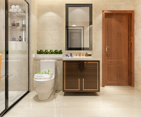 3d rendering modern wood and stone white bathroom