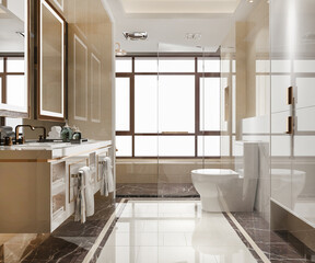 3d rendering modern wood and stone white bathroom