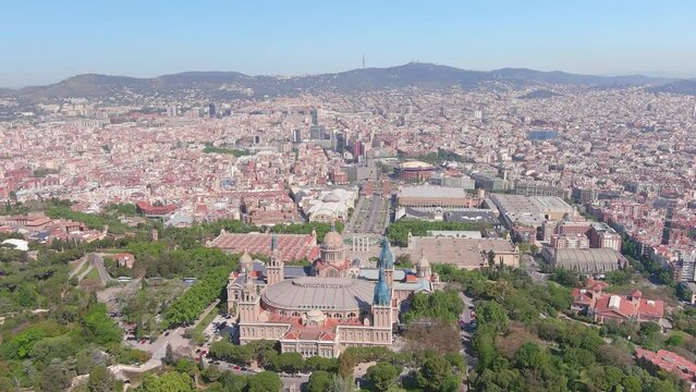 Barcelona, Spain: Aerial view of capital city of Catalonia, famous square Plaza Espa&ntilde;a (Pla&ccedil;a d'Espanya) and bullring Arenas de Barcelona, sunny day, blue sky - landscape panorama of Europe from above