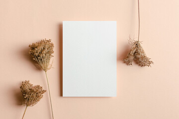 Wedding invitation or greeting card mockup with dry plant decorations