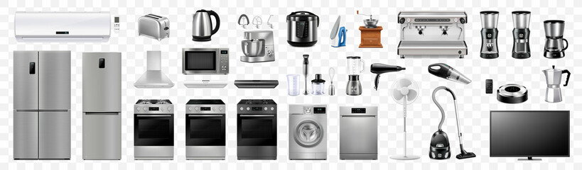 A set of household appliances: microwave oven, washing machine, refrigerator, vacuum cleaner, multicooker, food processor, blender, iron, juicer blender, toaster. Realistic 3D vector, isolated - obrazy, fototapety, plakaty