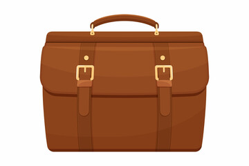 Leather Brown Suitcase, Belts and Handle. Briefcase Icon Close Up Isolated on white Background. Vacation and Travel Concept. vintage bag. Vector flat icon. front view