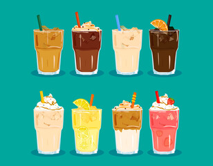 ypes of coffee, iced coffees vector illustration. Americano, cappuccino, latte, espresso, americano, mocha, frappuccino, milkshake, lemonade, drip coffee.