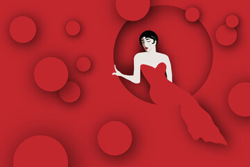 A paper-cutout style portrait of a woman in a stylish red gown is featured.