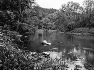 River Ohre or Eger Black and White Landscape near Carlsbad or Karlovy Vary in Western Bohemia,...