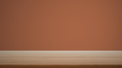 Empty interior design concept, wooden table, desk or shelf close up. Orange colored background with copy space, template mock up concept idea