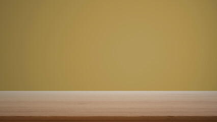 Empty interior design concept, wooden table, desk or shelf close up. Yellow colored background with copy space, template mock up concept idea