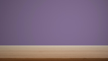 Empty interior design concept, wooden table, desk or shelf close up. Purple colored background with copy space, template mock up concept idea