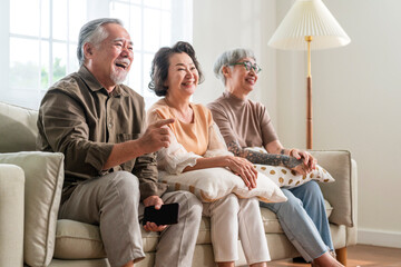 group of asian old senior male and female spending weekend time together sit on sofa couch watching...