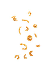 Falling crispy pork rinds isolated on white background with clipping path.