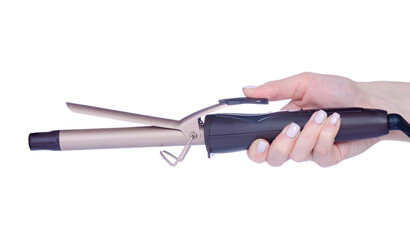 Electric curling iron in hand on white background isolation