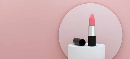 Lipstick on a podium on pink background. Beauty concept.