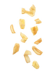 Falling banana chips isolated on white background with clipping path.