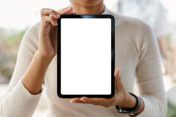 women showing digital tablet white screen display