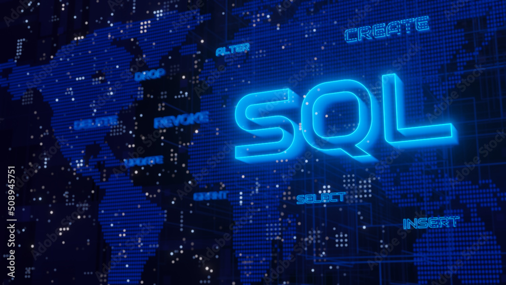 Poster SQL statements (Structured Query Language) code on a blue dotted map background. 3D illustration.