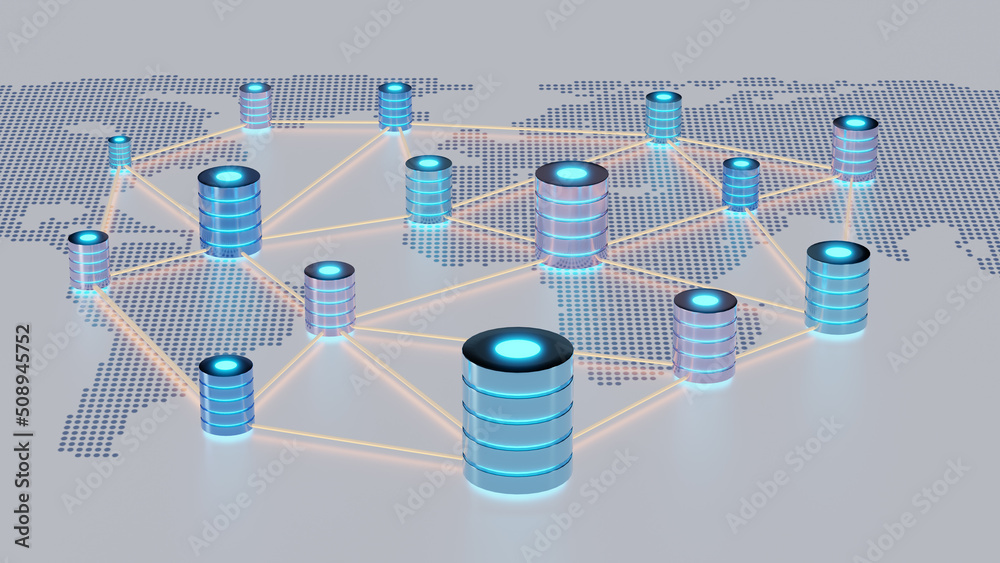 Poster Database network on digital dotted world map. Concept of a database storage network, Global database. Network databases. 3D illustration.