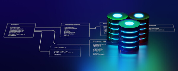 Panoramic view of multiple database is placed on Relational database tables. Concept of database server, SQL, data storage, database diagram design, Data center, Webhosting. 3D illustration. - obrazy, fototapety, plakaty
