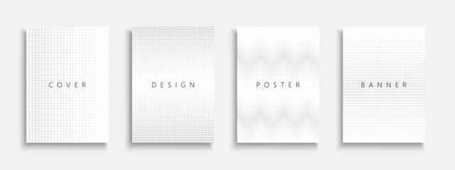 Collection of white and gray halftone covers, templates, backgrounds, placards, brochures, banners, flyers and etc. Abstract dotted posters, cards, presentations. Minimalistic digital design