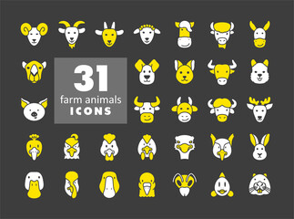 Farm animals icons set. Vector head illustration