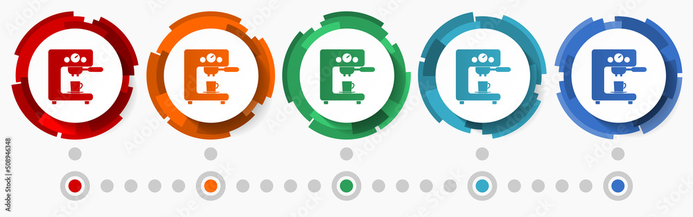 Poster coffee machine concept vector icon set, flat design pointers, infographic template