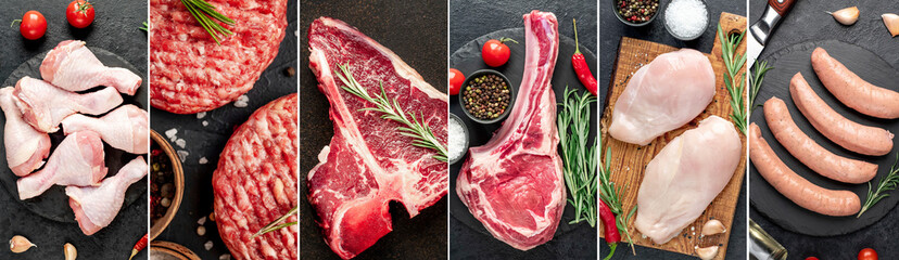 Food collage. Set of different meats, veal, pork and chicken on a black background. View from above.