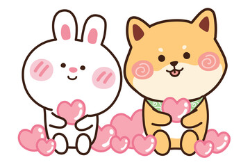 Obraz na płótnie Canvas Cute rabbit and dog in cartoon.Animals character design.Shiba inu.Japanese dog.Kid graphic.Image for card,sticker,baby product.Kawaii.Vector.Illustration.