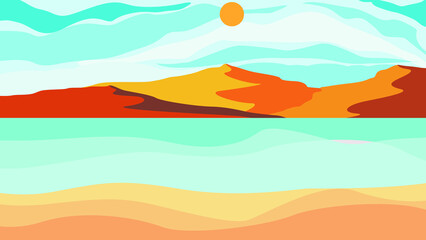 Waves and sandy beach. Clouds over sea . Summit and sunset logo .Vector