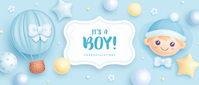 Baby shower horizontal banner with cartoon hot air balloon, helium balloons and flowers on blue background. It's a boy. Vector illustration