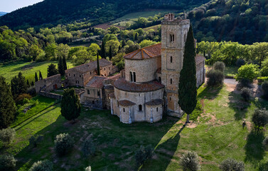Fototapeta na wymiar Sant'Antimo Abbey in Tuscany, aerial view