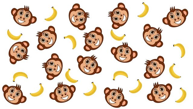 Several monkeys with bananas in random movements on a white and green background - animation