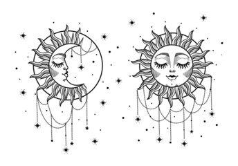 Ornate boho sun and moon face. Linear hand drone icon for witch, tarot, astrology. Mystical heavenly vector symbol isolated on white, sketch graphic.