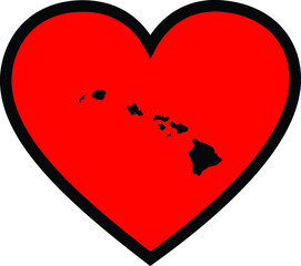 Black Map of US federal state of Hawaii Islands inside red heart shape with black stroke