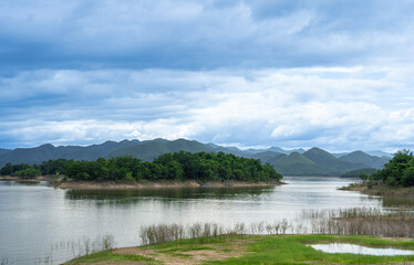Reservoir and mountain view with a cloudy sky natural attractions for tourists Camping and vacation Kaeng Krachan Dam Phetchaburi Province
