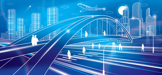 Pedestrian bridge over the highway. People walking on city street. Modern night town. Infrastructure illustration, urban scene. White lines on neon blue background. Vector design art 