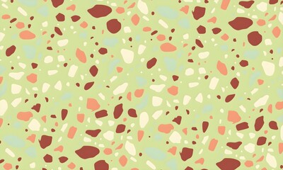 Colorful venetian terrazzo imitation seamless pattern. Modern minimalistic floor tile for interior decoration. Realistic marble texture with stone fragments. Trendy abstract illustration.