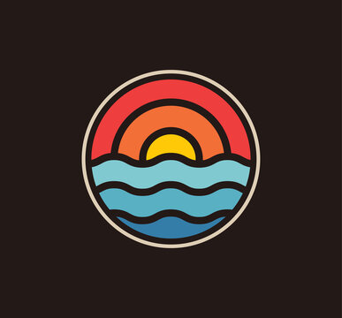Circled sun above the sea summer logo or badge design template isolated on black background. Vector illustration