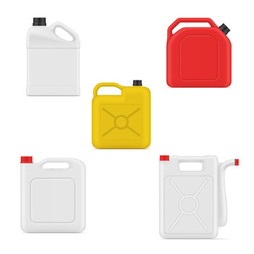Collection canisters realistic vector containers handles cap for liquid products storage carrying