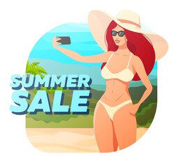 Banner summer sale with a red-haired girl in a hat who takes a selfie on the background of the beach