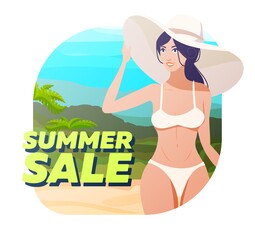 Banner summer sale with a girl in a hat on the background of the beach.