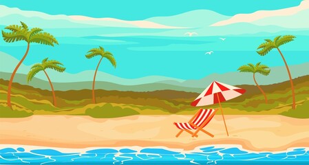 Fototapeta na wymiar Tropical beach landscape with beach chaise longue and umbrella.