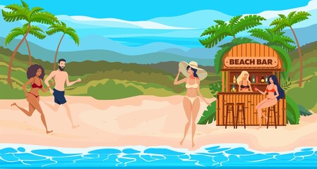 Obraz na płótnie Canvas The landscape of a tropical beach with people and a beach bar.