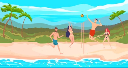 Fototapeta na wymiar Girls and boys play volleyball on a tropical beach.